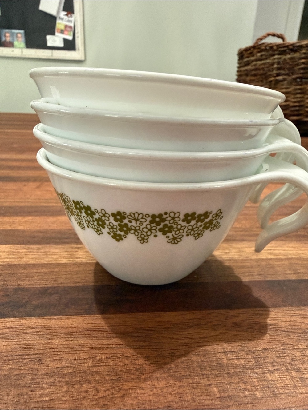 Vintage Corelle white Ceramic Tea/ coff Cups with Olive Floral Border - Set of 4